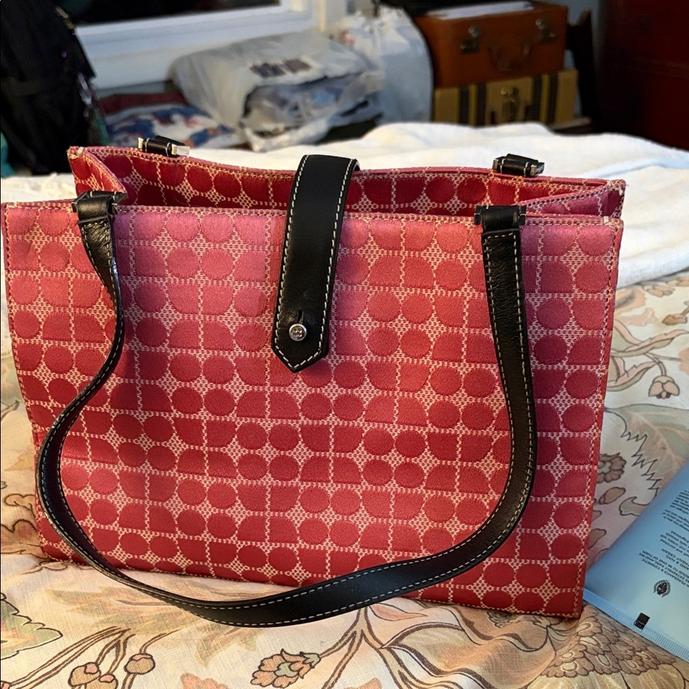 Stylish hot pinkPatterned small Kate Spade mini Tote Bag canvas & leather
